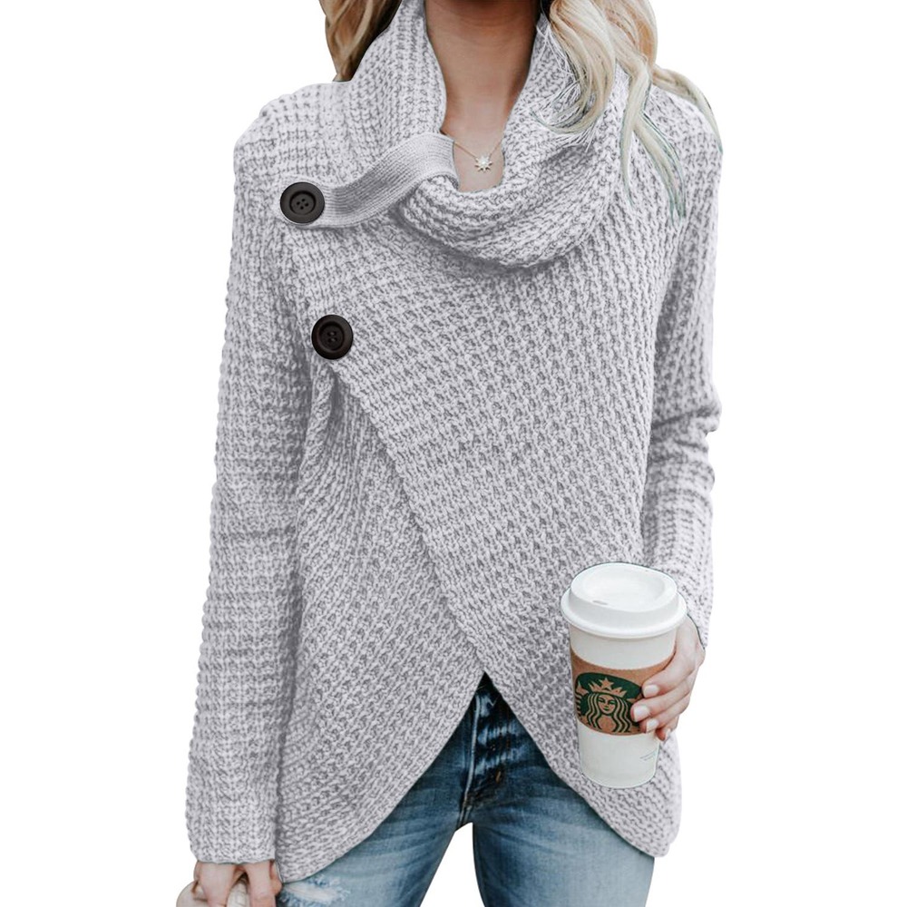 GRAY BUTTONED WAFFLE KNIT WRAP COWL NECK SWEATER SIZE 2XL (18-20)